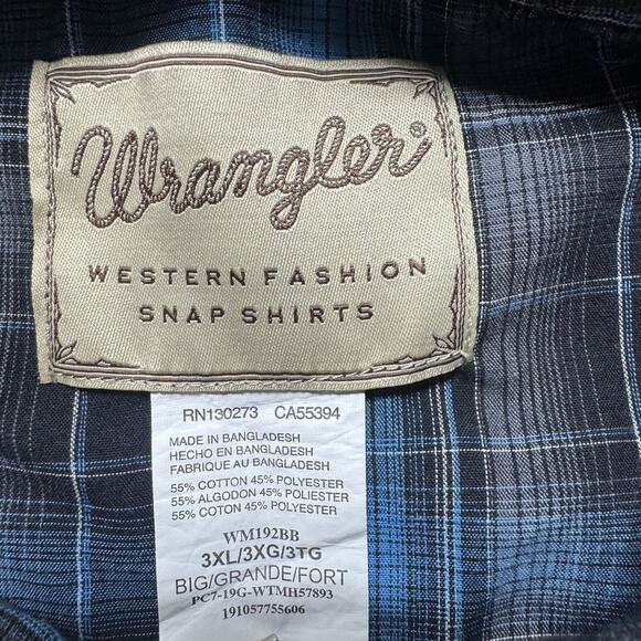 Wrangler Shirt Mens 3XL Blue Black Plaid Western Pearl Snap Long Sleeve Cowboy - Picture 5 of 10